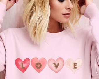 4 watercolor hearts with LOVE, soft light women's oversized sweatshirt, Valentine's Day gift, unisex pullover, heart shirt