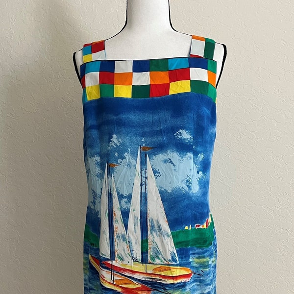 Breeze by Dorothy Schoelen Dress Size 12 Blue Multi Color Boats Vintage