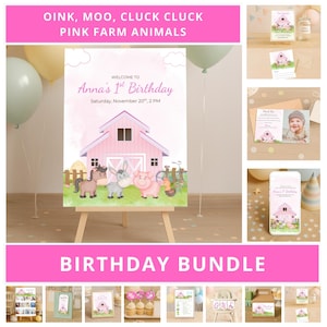 Oink, Moo, Cluck Cluck Pink Farm Animals Birthday Invitation Bundle Barnyard Theme Birthday Invitation Decor Girls Digital Download Canva