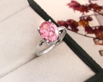 Pink Cubic Zirconia Ring: Handmade Sterling Silver Wedding Band. Solitaire Jewelry