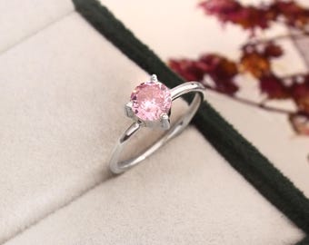 6 mm Round Cut Pink Cz Ring: 925 Sterling Silver Solitaire Ring. Minimalist Jewelry
