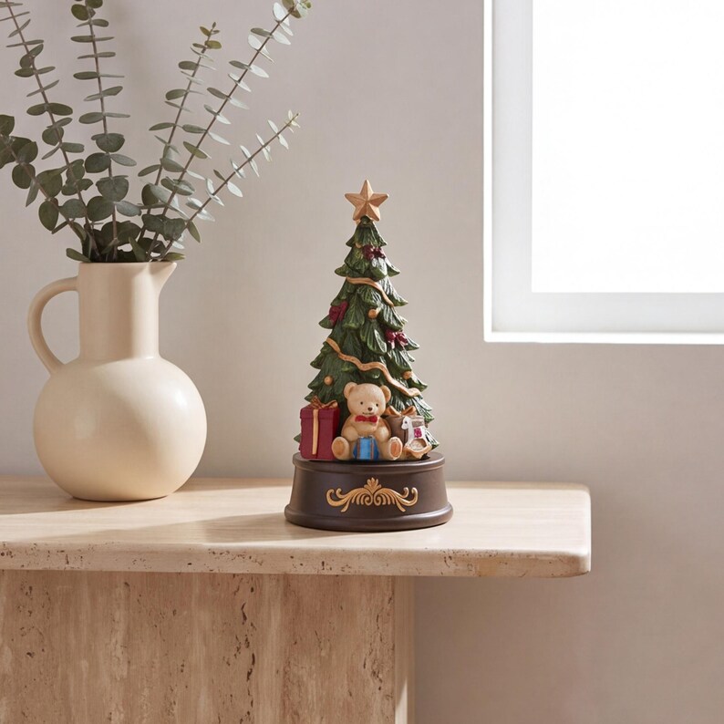 Christmas Tree Music Box Figurine, Vintage Holiday Tabletop Decor, Cozy ...