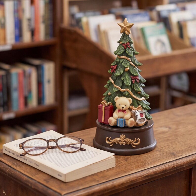 Christmas Tree Music Box Figurine, Vintage Holiday Tabletop Decor, Cozy ...