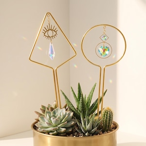 以下が含まれることがあります： 多肉植物が植えられた金色の丸いプランターに、2本の金色の金属製プラントステークが挿されています。1本は目と虹色のクリスタルが付いたひし形で、もう1本は円形で、中にハート型の虹色のクリスタルペンダントがぶら下がっています。