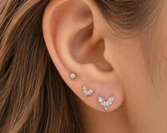 Gold Cartilage Stud Earrings Set, Tiny CZ Helix Earrings, Minimalist Flat Back Studs, Tragus Piercing Jewelry, Dainty Gold Earrings Set