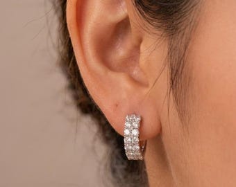 Sparkling CZ Huggie Hoop Earrings • Sterling Silver Dainty Hoops • Double Row Crystal Earrings • Elegant Minimalist Jewelry • Gift for Her