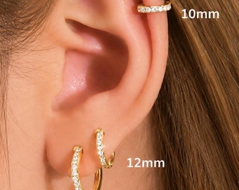 Implant Grade Titanium CZ Huggie Hoop Earring, Gold Pave Eternity Cartilage Clicker Hinged Helix Conch Daith Septum Nose Gift Box Included