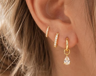 3 Piece Gold Huggie Hoop Earrings Set, Dainty CZ Drop Earrings, Minimalist Gold Earrings, Teardrop Charm Hoops, Stackable Earrings