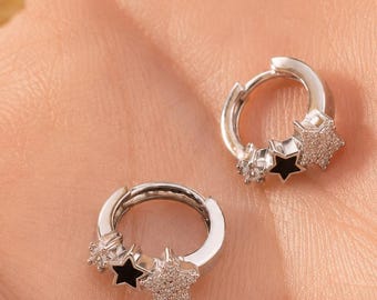 Sterling Silver CZ Flower Drop Hoop Earrings, Gold Dainty Floral Dangle Jewelry, Chunky Silver Hoop Earrings, Minimalist Statement Hoops