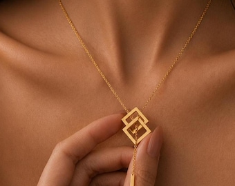 Gold Geometric Pendant Necklace, Minimalist Square Drop Necklace, Dainty Layered Chain Necklace, Elegant Gift for Her Jewelry