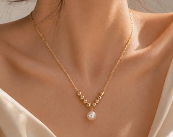 Dainty Freshwater Pearl Necklace with Diamond, Necklace,CrystalSterling Silver Gold Cubic Zirconia Cube Pendant Necklace