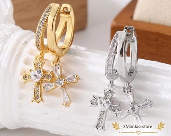 Gold Silver Cross Hoop Earrings, CZ Dangle Huggie Earrings, Everyday Christian Jewelry, Birthday Gift, Free Gift Box