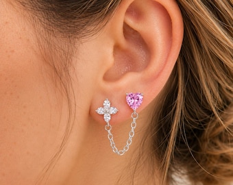 Pink Heart Chain Earrings for Two Piercings, Sterling Silver Double Piercing Earring,Flower Stud Multiple Piercing Jewelry,Cute Gift for Her