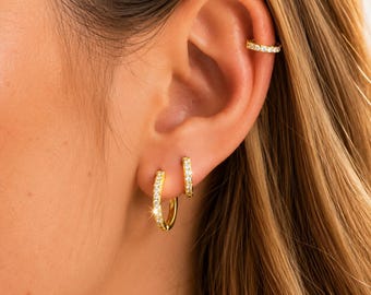 Implant Grade Titanium CZ Huggie Hoop Earrings, Gold Pave Eternity Cartilage Clicker, Hinged Helix Conch Daith Septum Nose Ring Single Pair