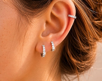Sterling Silver Hoop Earrings Set, CZ Diamond Cartilage Huggie Hoops, 6mm 8mm 10mm Small Hoop Earrings, Helix Conch Piercing Jewelry