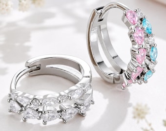 Marquise Cut Hoop Earrings, Double Row CZ Diamond Hoops, Dainty Silver Huggie Earrings, Sparkly Wedding Earrings, Anniversary Gift for Her