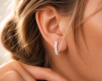 Tiny CZ Huggie Hoops, Sterling Silver Hoop Earrings, Small Cartilage Lobe Hoops, Minimalist Jewelry, Dainty Sparkly Earrings, Gift for Her