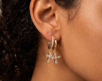 Dainty Cross Charm Huggie Hoop Earrings, Gold Silver CZ, Minimalist Christian Jewelry