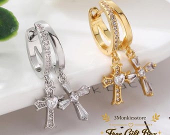 Minimal Cross Huggie Earrings, Cubic Zirconia Hoop Earrings, Tiny Cross Dangle Earrings, Gift for Mom Wife Sister