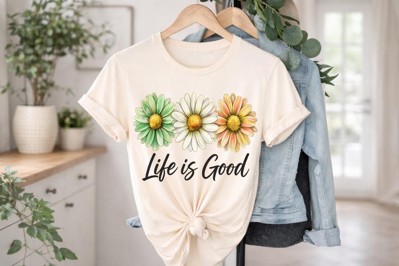 Life Is Good Shirt, Daisy Floral T-shirt, Positive Quote Tee, Retro Flower Graphic Top, Motivational Summer Gift, Aesthetic Boho Shirt image 2