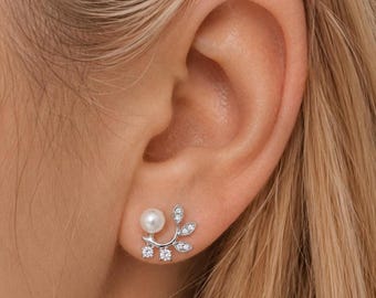 Pearl Leaf Stud Earrings, Sterling Silver CZ Open Hoop Earrings, Minimalist Bridal Earrings, Elegant Wedding Jewelry , Gift for her