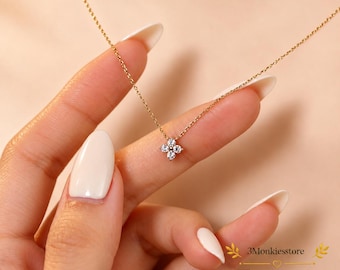 Minimalist Gold Floral Necklace, CZ Clover Pendant, Bridal Necklace for Bride, Elegant Bridesmaid Gift, Gift Box Included