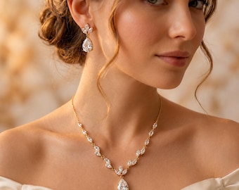 18K Gold Plated CZ Bridal Jewelry Set, Wedding Necklace & Earrings Set, Cubic Zirconia Bridal Gift, Bridesmaid Jewelry with Free Gift Box