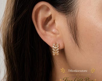 Gold Olive Branch Huggies, Dainty Leaf Hoop Earrings, Botanical CZ Vine Huggie Hoops, Bridesmaid Jewelry, Nature Jewelry, Gift Box