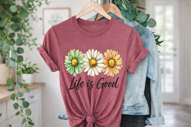 May include: A maroon t-shirt with three daisy flower graphics in green, white, and yellow. The text "Life is Good" is printed below the flowers in a black script font. The shirt is hanging on a wooden hanger.