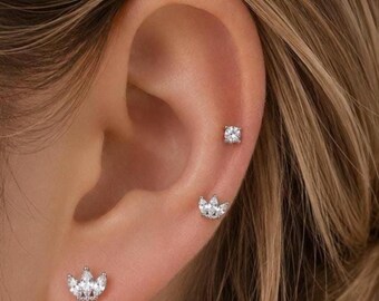 Gold Cartilage Stud Earrings Set, Tiny CZ Helix Earrings, Minimalist Flat Back Studs, Tragus Piercing Jewelry, Dainty Gold Earrings Set