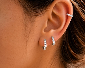 Sterling Silver Hoop Earrings Set, CZ Diamond Cartilage Huggie Hoops, 6mm 8mm 10mm Small Hoop Earrings, Helix Conch Piercing Jewelry