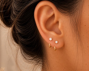 Tiny Crystal Huggie Hoop Earrings, 925 Sterling Silver, Minimalist Style- Gold Flower Drop Hoop Earrings,  Cubic Zirconia Dangle Jewelry