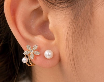 Gold Pearl Flower Earrings, Dainty Floral Stud Earrings, CZ Pearl Earrings, Minimalist Bridal Jewelry, Gift for Women Cute Everyday Gift Mom