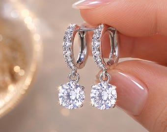 Dainty CZ Dangle Hoop Earrings, Silver Huggie Hoops, Minimalist Diamond Drop Earrings, Everyday Jewelry, Gift for Her, Bridesmaid Gift