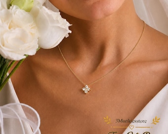 Gold CZ Flower Necklace, Dainty Bridal Necklace, Minimalist Wedding Jewelry, Bridesmaid Gift, Delicate Floral Pendant, Gift Box Included