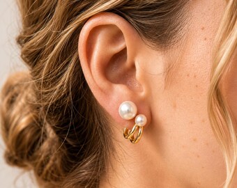 Dainty Pearl Double Hoop Earrings, 14k Gold Plated Minimalist Jewelry, Unique Huggie Studs, Everyday Accessories, Bridesmaid Gift for Her