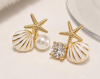 Starfish Shell Pearl Stud Earrings | Gold Beach Wedding Jewelry | Mermaidcore Dainty Cubic Zirconia Earrings | Ocean Inspired Gift for Her