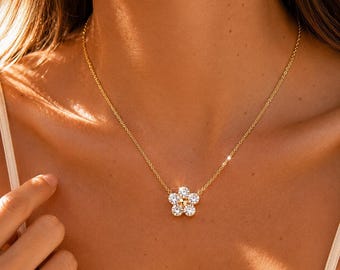 Gold Flower Necklace for Daughter, 925 Sterling Silver CZ Cherry Blossom Pendant, Dainty 5 Petal Floral Jewelry, Sparkling Gift for Her