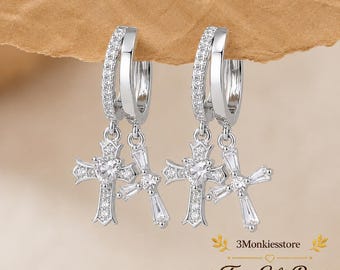 Dainty Cross Hoop Earrings, CZ Huggie Hoop Earrings for Women, Gold Silver Cross Charm Jewelry, Christian Gift, Free Box