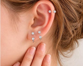 Minimalist Open Hoop Earrings, Silver CZ Huggie Earrings, Gold Lotus CZ Cartilage Earrings, Dainty Flat Back Studs, Gift for Her
