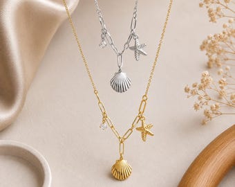 Dainty Gold Shell Necklace, Starfish Charm Necklace, Coastal Beach Jewelry, Minimalist Ocean Necklace, Summer Gold Pendant Gift for Her