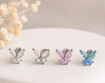 Butterfly Cartilage Earrings, Helix Stud Earrings, Pink Blue Opal Butterfly Piercing, Cute Zircon Ear Stud, Tiny Lobe Earrings Jewelry Gift
