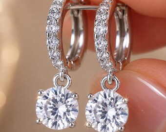 Dainty CZ Dangle Hoop Earrings, Silver Huggie Hoops, Minimalist Diamond Drop Earrings, Everyday Jewelry, Gift for Her, Bridesmaid Gift