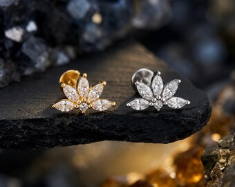 16G Lotus Floral CZ Labret Stud – Internally Threaded – Cartilage, Helix, Conch, Flat Back Earring, Gold or Silver