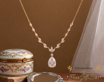 Dainty Diamond Marquise Leaf Drop Necklace Earring Set, Crystal CZ Bridal Jewelry, Wedding Gift for Her, Free Luxury Gift Box