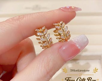 Gold Leaf Huggie Hoop Earrings, CZ Vine Hoop Earrings, Nature Inspired Hoop Earrings, Dainty Gift for Her, Free Luxury Gift Box