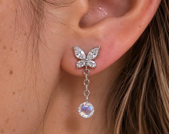 Silver Butterfly Dangle Earring, Butterfly Helix Piercing , Cartilage Drop Earring, Tragus Lobe Orbital Stud, Cute Piercing, Single Piece