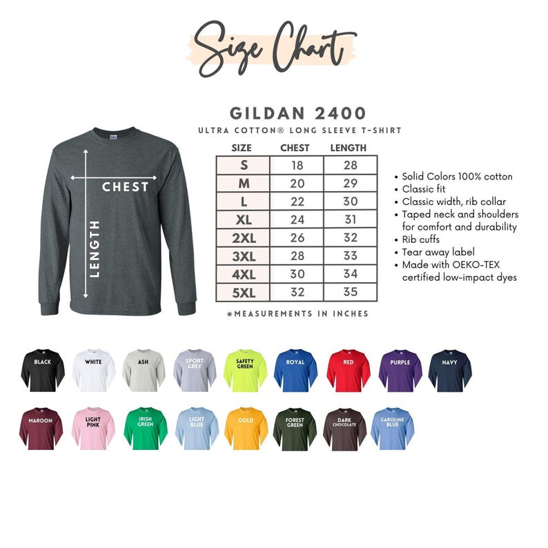 May include: A size chart for a Gildan 2400 Ultra Cotton long sleeve t-shirt. The chart shows chest and length measurements in inches for sizes S to 5XL. The image also displays the shirt in various colors, including black, white, and red.