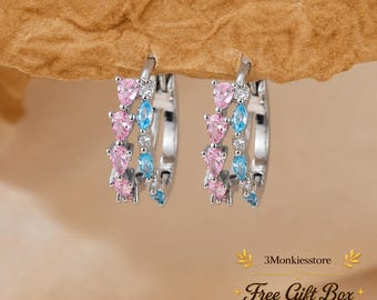Silver Hoop Earrings for Women with Free Gift Box, Colorful CZ Huggie Hoops, Double Row Cubic Zirconia Earrings, Birthday Gift for Her