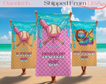 Personalized Ice Cream Drip Baseball Beach Towel,Custom Baseball Team Gifts,Baseball Gifts For Players Birthday,Summer Essentials Vacation